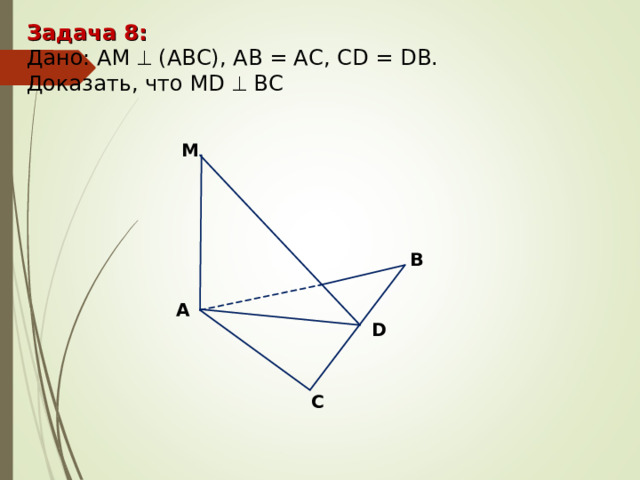 Задача 8: Дано: АМ  (АВС), АВ = АС, С D = D В . Доказать, что MD   B С М В А D С 
