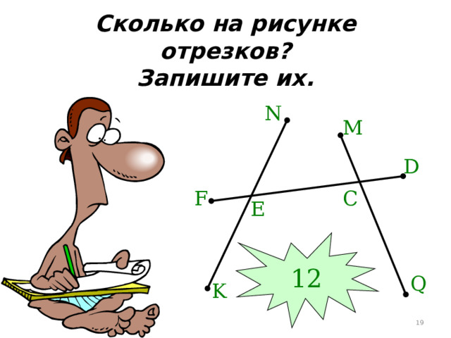 Сколько на рисунке отрезков?  Запишите их. N M D C F E 12 Q K 16 16 