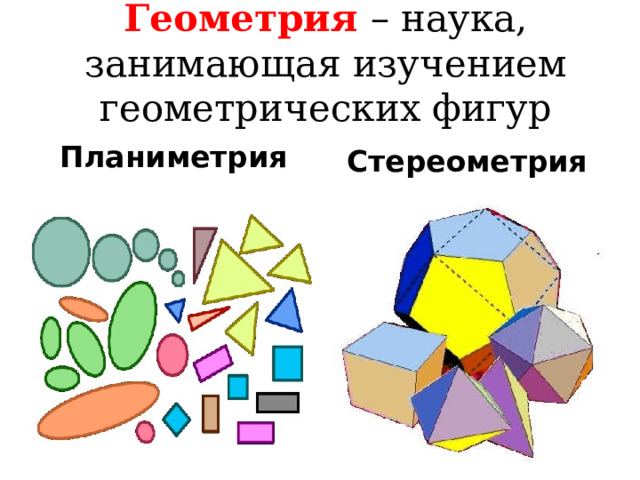 Геометрия – наука, занимающая изучением геометрических фигур   Планиметрия Стереометрия  