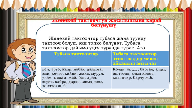  Жөнөкөй тактоочтун жасалышына карай бөлүнүшү  Жөнөкөй тактоочтор тубаса жана туунду тактооч болуп, эки топко бөлүнөт. Тубаса тактоочтор дайыма уңгу түрүндө турат. Ага төмөндөгүдөй сөздөр кирет: Таблица №1, Туунду тактоочтун сөздөрү Тубаса тактоочтор кеч, эрте, азыр, небак, дайыма, эми, кечээ, кийнн, жана, мурун, улам, ылдам, жай, бат, араң, зорго, кайра, дароо, ашык, кем, жалгыз ж. б. Тубаса тактоочтор этиш сөздөр менен айкашып айтылат Келди, окуду, барган, алды, иштөөдө, алып келет, келиптир, барчу ж.б. 