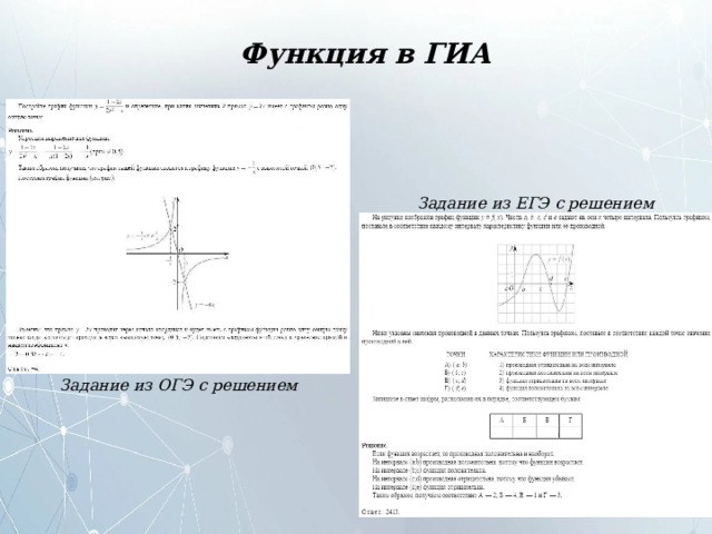 Функция в ГИА Задание  из ЕГЭ  с решением Задание  из  ОГЭ  с  решением 
