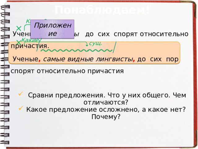 Понаблюдаем! Какие? Приложение сущ. Ученые – лингвисты до сих спорят относительно причастия. Ученые ,  самые видные лингвисты , до сих пор спорят относительно причастия  Сравни предложения. Что у них общего. Чем отличаются? Какое предложение осложнено, а какое нет? Почему? Какие? сущ. 