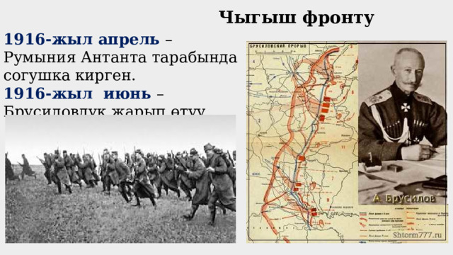 Чыгыш фронту 1916-жыл апрель – Румыния Антанта тарабында согушка кирген. 1916-жыл июнь – Брусиловдук жарып өтүү. 
