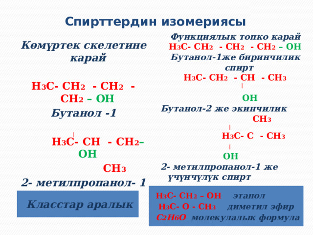 Спирттердин изомериясы Функциялык топко карай Н 3 С- СН 2 - СН 2 - СН 2  – ОН Бутанол-1же биринчилик спирт Н 3 С- СН 2 - СН - СН 3   ОН Бутанол-2 же экинчилик   СН 3    Н 3 С- С - СН 3  ОН 2- метилпропанол-1 же үчүнчүлүк спирт Көмүртек скелетине карай  Н 3 С- СН 2 - СН 2 - СН 2  – ОН Бутанол -1   Н 3 С- СН - СН 2 – ОН  СН 3  2- метилпропанол- 1 Н 3 С- СН 2  – ОН этанол  Н 3 С- О - СН 3  диметил эфир С 2 Н 6 О молекулалык формула Класстар аралык 