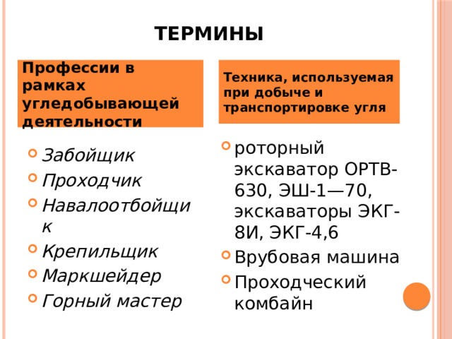 Термины  Техника, используемая при добыче и транспортировке угля Профессии в рамках угледобывающей деятельности   Забойщик  Проходчик Навалоотбойщик Крепильщик Маркшейдер  Горный мастер роторный экскаватор ОРТВ-630, ЭШ-1—70, экскаваторы ЭКГ-8И, ЭКГ-4,6 Врубовая машина  Проходческий комбайн 