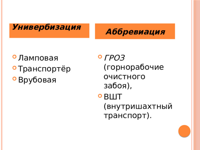 Универбизация Аббревиация  Ламповая Транспортёр Врубовая ГРОЗ (горнорабочие очистного забоя), ВШТ (внутришахтный транспорт). 