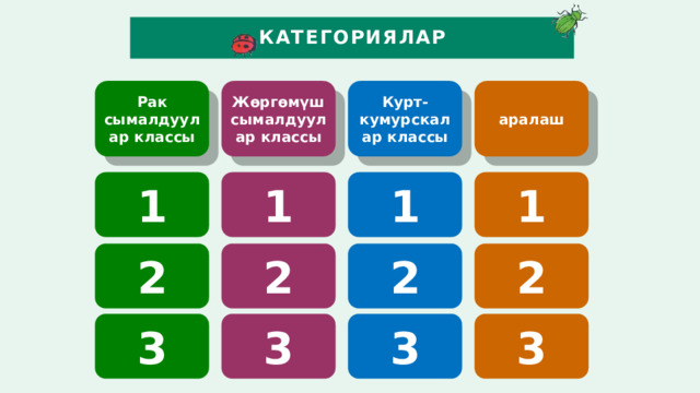 КАТЕГОРИЯЛАР Жөргөмүш сымалдуулар классы Курт-кумурскалар классы аралаш Рак сымалдуулар классы 1 1 1 1 2 2 2 2 3 3 3 3  