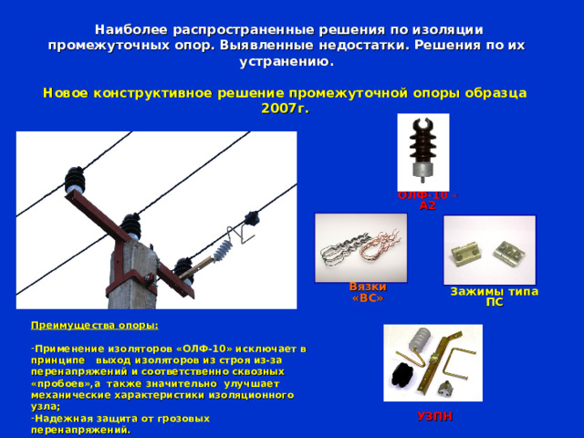  Наиболее распространенные решения по изоляции промежуточных опор. Выявленные недостатки. Решения по их устранению. Новое конструктивное решение промежуточной опоры образца 2007г. ОЛФ-10 –А2 Вязки «ВС» Зажимы типа ПС Преимущества опоры:  Применение изоляторов «ОЛФ-10» исключает в принципе выход изоляторов из строя из-за перенапряжений и соответственно сквозных «пробоев»,а также значительно улучшает механические характеристики изоляционного узла; Надежная защита от грозовых перенапряжений. УЗПН 