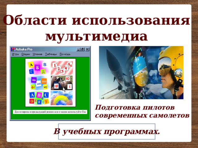 Области использования мультимедиа Подготовка пилотов современных самолетов В учебных программах. 