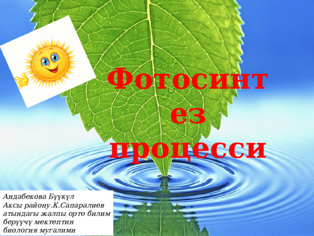 Фотосинтез процесси Андабекова Бүүкүл Аксы району.К.Сапаралиев атындагы жалпы орто билим берүүчү мектептин биология мугалими 