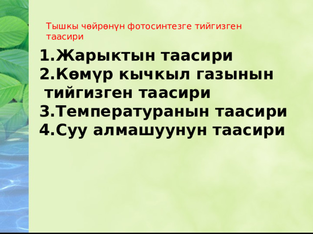 Тышкы чөйрөнүн фотосинтезге тийгизген таасири 1.Жарыктын таасири 2.Көмүр кычкыл газынын  тийгизген таасири 3.Температуранын таасири 4.Суу алмашуунун таасири 