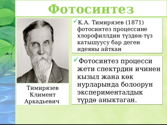 Фотосинтез К.А. Тимирязев (1871) фотосинтез процессине хлорофиллдин түздөн-түз катышуусу бар деген идеяны айткан Фотосинтез процесси жети спектрдин ичинен кызыл жана көк нурларында болоорун эксперименталдык түрдө аныктаган. Тимирязев Климент Аркадьевич 