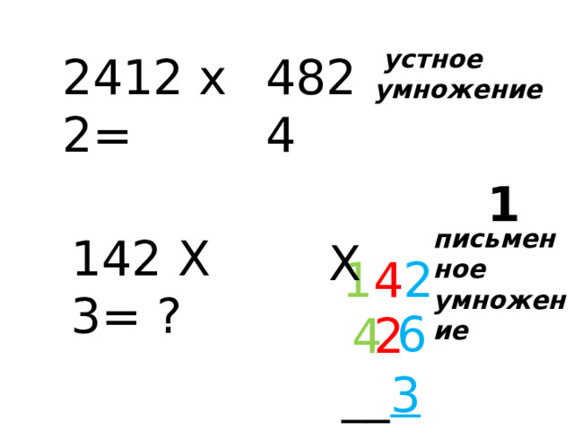  устное умножение 2412 х 2= 4824  письменное умножение 1  1 4 2  __ 3 142 Х 3= ? Х   6 2 4 