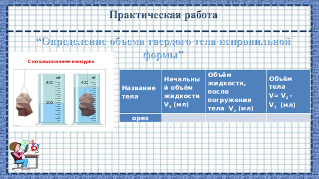 Название тела Начальный объём жидкости V 1  (мл) орех   Объём  жидкости, после погружения тела  V 2  (мл) Объём тела V= V 2  -V 1   (мл)     