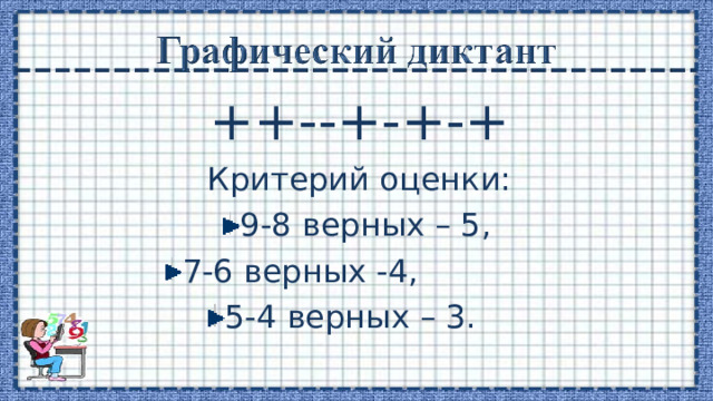 ++--+-+-+   Критерий оценки: 9-8 верных – 5, 7-6 верных -4, 5-4 верных – 3. 