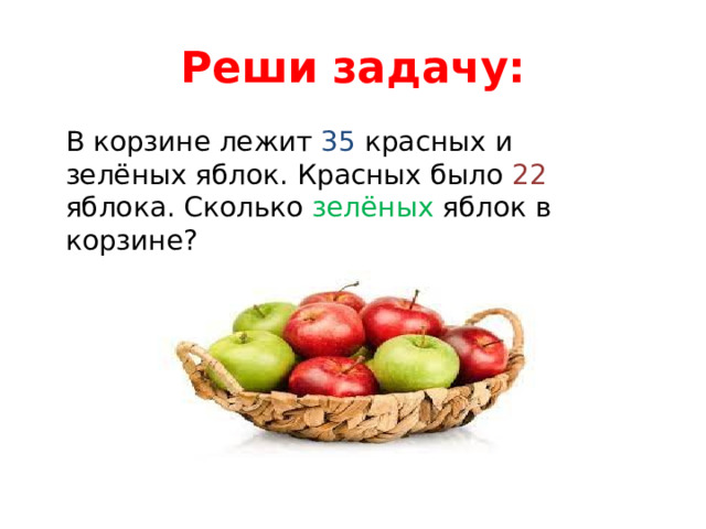 Реши задачу: В корзине лежит 35 красных и зелёных яблок. Красных было 22 яблока. Сколько зелёных яблок в корзине? 