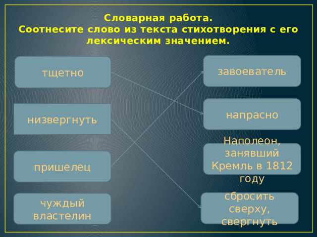 Словарная работа.  Соотнесите слово из текста стихотворения с его лексическим значением.   завоеватель тщетно напрасно низвергнуть Наполеон, занявший Кремль в 1812 году пришелец сбросить сверху, свергнуть чуждый властелин  