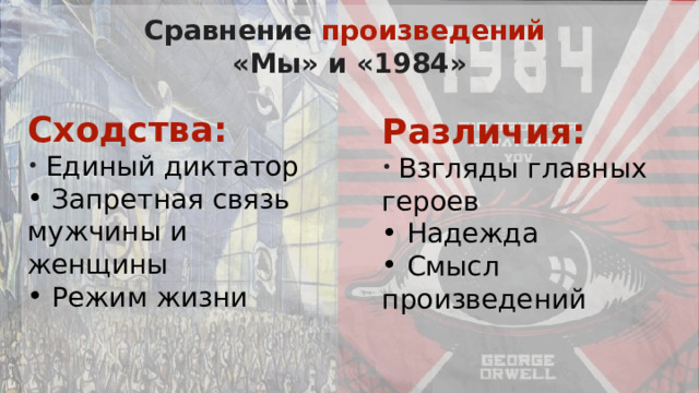 Сравнение произведений «Мы» и «1984» Сходства:  Единый диктатор  Запретная связь мужчины и женщины  Режим жизни  Различия:  Взгляды главных героев  Надежда  Смысл произведений 