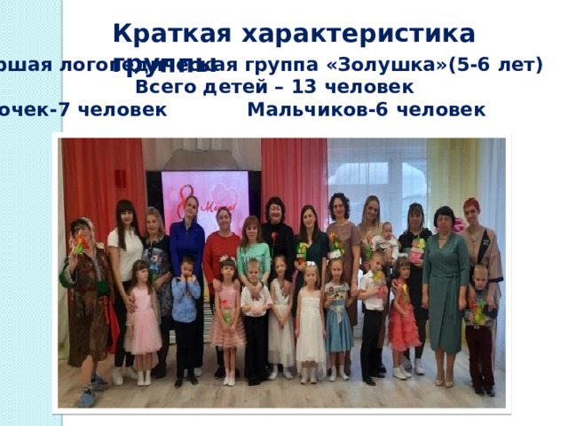 Краткая характеристика группы Старшая логопедическая группа «Золушка»(5-6 лет)  Всего детей – 13 человек Девочек-7 человек Мальчиков-6 человек 