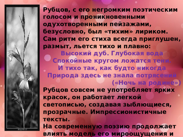 Рубцов, с его негромким поэтическим голосом и проникновенными одухотворенными пейзажами, безусловно, был «тихим» лириком. Сам ритм его стиха всегда приглушен, размыт, льется тихо и плавно: Высокий дуб. Глубокая вода Спокойные кругом ложатся тени. И тихо так, как будто никогда Природа здесь не знала потрясений («Ночь на родине») Рубцов совсем не употребляет ярких красок, он работает легкой светописью, создавая зыблющиеся, прозрачные. Импрессионистичные тексты. На современную поэзию продолжает влиять модель его мироощущения и миропонимания, в том числе и исторического пути России.   