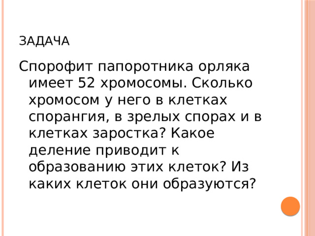 Задача Спорофит папоротника орляка имеет 52 хромосомы. Сколько хромосом у него в клетках спорангия, в зрелых спорах и в клетках заростка? Какое деление приводит к образованию этих клеток? Из каких клеток они образуются? 
