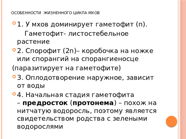   Особенности жизненного цикла мхов   1. У мхов доминирует гаметофит (n).  Гаметофит- листостебельное растение 2. Спорофит (2n)– коробочка на ножке или спорангий на спорангиеносце (паразитирует на гаметофите) 3. Оплодотворение наружное, зависит от воды 4. Начальная стадия гаметофита –  предросток  ( протонема ) – похож на нитчатую водоросль, поэтому является свидетельством родства с зелеными водорослями 