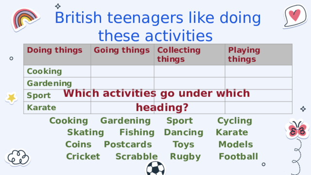 British teenagers like doing these activities Doing things Going things Cooking Collecting things Gardening Playing things Sport Karate Which activities go under which heading? Cooking Gardening Sport Cycling Skating Fishing Dancing Karate Coins Postcards Toys Models Cricket Scrabble Rugby Football 