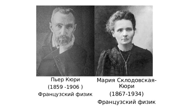 Пьер Кюри (1859 -1906 ) Французский физик Мария Склодовская-Кюри (1867-1934) Французский физик 