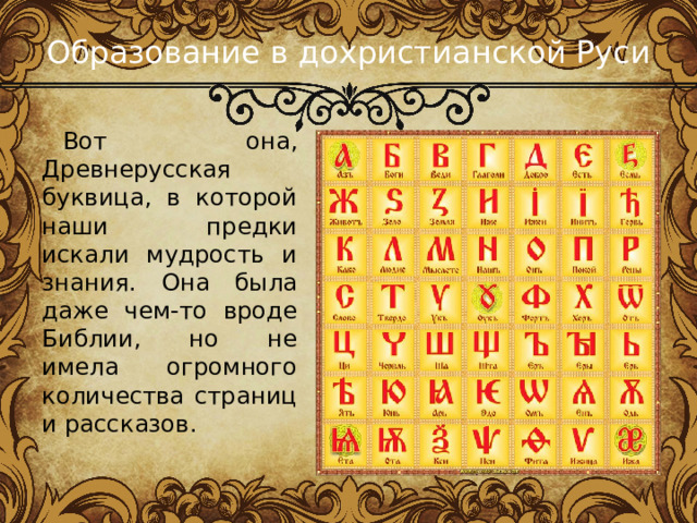 Образование в дохристианской Руси Вот она, Древнерусская буквица, в которой наши предки искали мудрость и знания. Она была даже чем-то вроде Библии, но не имела огромного количества страниц и рассказов. 
