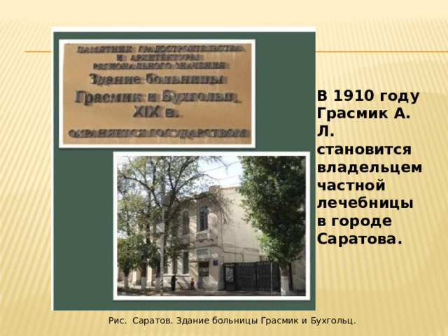 В 1910 году Грасмик А. Л. становится владельцем частной лечебницы в городе Саратова. Рис. Саратов. Здание больницы Грасмик и Бухгольц. 