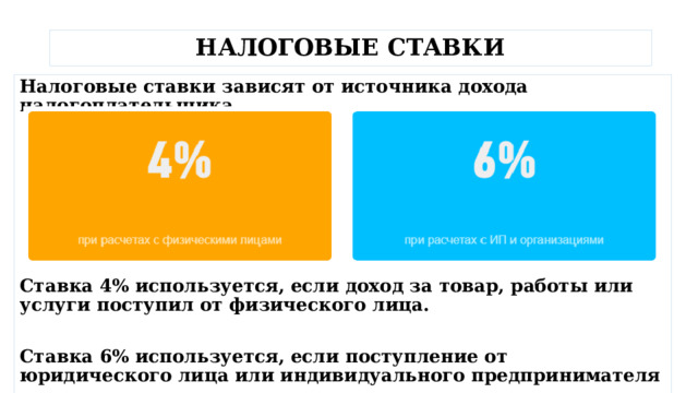 НАЛОГОВЫЕ СТАВКИ Налоговые ставки зависят от источника дохода налогоплательщика.       Ставка 4% используется, если доход за товар, работы или услуги поступил от физического лица.  Ставка 6% используется, если поступление от юридического лица или индивидуального предпринимателя  