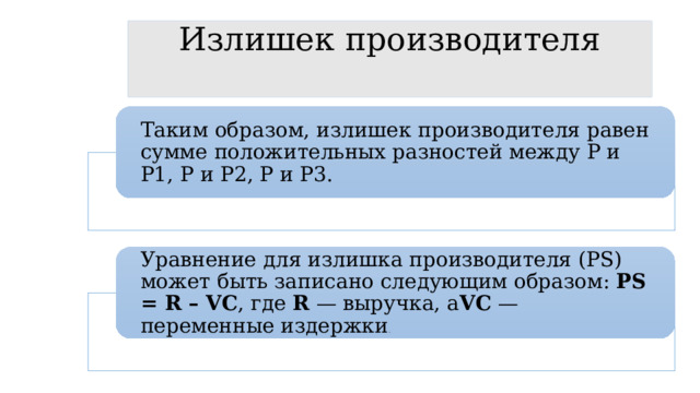 Излишек производителя   Таким образом, излишек производителя равен сумме положительных разностей между Р и Р1, Р и Р2, Р и Р3. Уравнение для излишка производителя (PS) может быть записано следующим образом: PS = R – VC , где R  — выручка, а VC  — переменные издержки . 