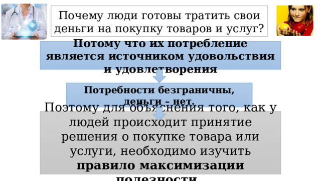 Почему люди готовы тратить свои деньги на покупку товаров и услуг? Потому что их потребление является источником удовольствия и удовлетворения Потребности безграничны, деньги – нет. Поэтому для объяснения того, как у людей происходит принятие решения о покупке товара или услуги, необходимо изучить правило максимизации полезности . 