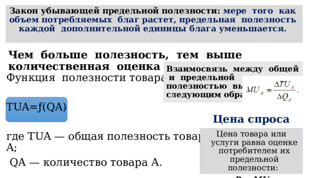 Закон убывающей предельной полезности:  мере того как объем потребляемых благ растет, предельная полезность каждой дополнительной единицы блага уменьшается. Чем больше полезность, тем выше количественная оценка блага Взаимосвязь между общей и предельной полезностью выражается  следующим образом: Функция полезности товара А: TUA=ƒ(QA) где TUA — общая полезность товара A;  QA — количество товара А. Цена спроса Цена товара или услуги равна оценке потребителем их предельной полезности: P = MU 