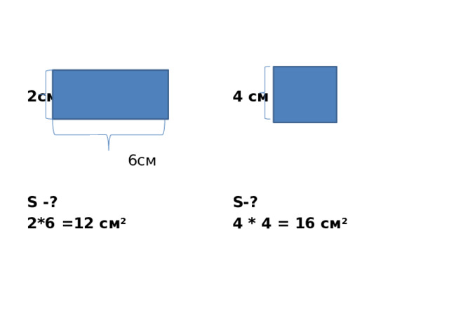 4 см 2см  6см S-? S -? 2*6 =12 cм 2 4 * 4 = 16 см 2 