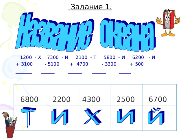  Задание 1.  1200 - Х 7300 - И 2100 - Т 5800 - И 6200 - Й + 3100 - 5100 + 4700 - 3300 + 500 _______ ______ ______ ______ _____   6800  2200  4300  2500  6700 