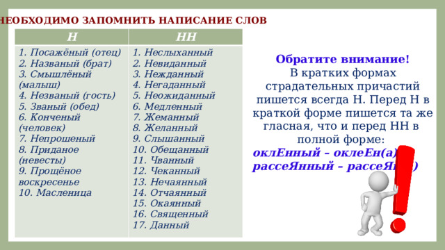 НЕОБХОДИМО ЗАПОМНИТЬ НАПИСАНИЕ СЛОВ Н НН 1. Посажёный (отец) 2. Названый (брат) 1. Неслыханный 2. Невиданный 3. Смышлёный (малыш) 4. Незваный (гость) 3. Нежданный 5. Званый (обед) 4. Негаданный 6. Конченый (человек) 5. Неожиданный 6. Медленный 7. Непрошеный 8. Приданое (невесты) 7. Жеманный 9. Прощёное воскресенье 8. Желанный 10. Масленица 9. Слышанный 10. Обещанный 11. Чванный 12. Чеканный 13. Нечаянный 14. Отчаянный 15. Окаянный 16. Священный 17. Данный Обратите внимание! В кратких формах страдательных причастий пишется всегда Н. Перед Н в краткой форме пишется та же гласная, что и перед НН в полной форме: оклЕнный – оклеЕн(а), рассеЯнный – рассеЯн(а) 