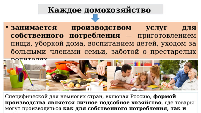 Каждое домохозяйство занимается производством услуг для собственного потребления — приготовлением пищи, уборкой дома, воспитанием детей, уходом за больными членами семьи, заботой о престарелых родителях. Специфической для немногих стран, включая Россию, формой производства  является личное подсобное хозяйство , где товары могут производиться как для собственного потребления, так и для продажи на рынке 