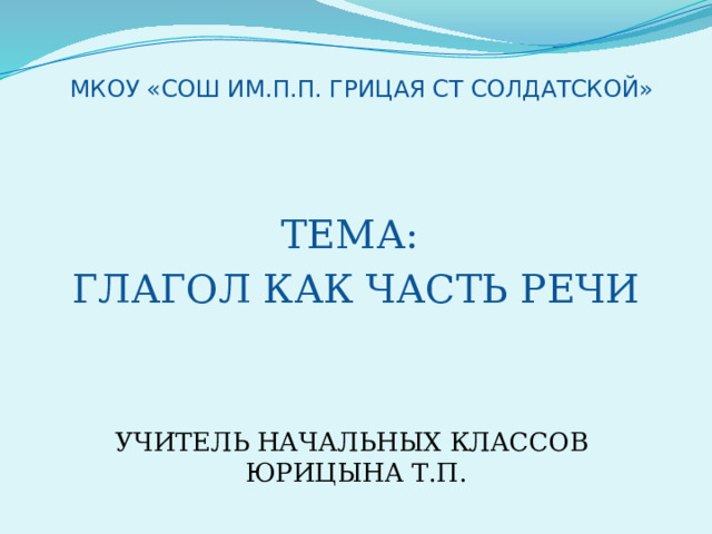  МКОУ «СОШ ИМ.П.П. ГРИЦАЯ СТ СОЛДАТСКОЙ» ТЕМА: ГЛАГОЛ КАК ЧАСТЬ РЕЧИ УЧИТЕЛЬ НАЧАЛЬНЫХ КЛАССОВ ЮРИЦЫНА Т.П. 