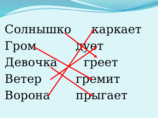 Солнышко    каркает Гром      дует Девочка     греет Ветер      гремит Ворона     прыгает 