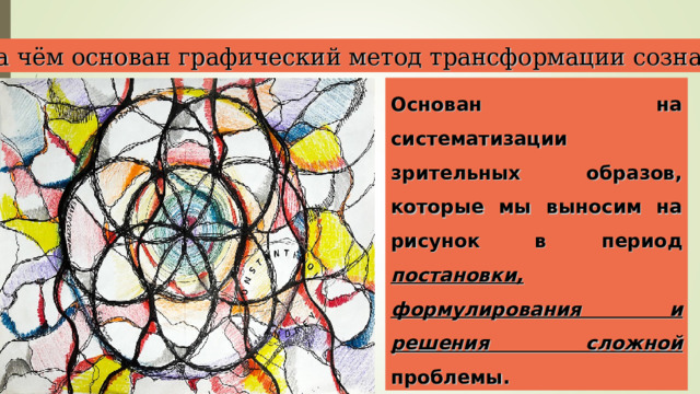 На чём основан графический метод трансформации сознания? Основан на систематизации зрительных образов, которые мы выносим на рисунок в период постановки, формулирования и решения сложной проблемы. 