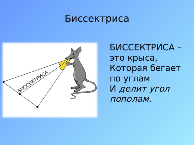 Биссектриса БИССЕКТРИСА – это крыса,  Которая бегает по углам  И делит угол пополам.  