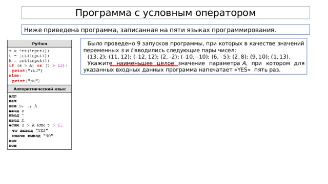 Программа с условным оператором Ниже приведена программа, записанная на пяти языках программирования. Было проведено 9 запусков программы, при которых в качестве значений переменных  s  и  t  вводились следующие пары чисел: (13, 2); (11, 12); (–12, 12); (2, –2); (–10, –10); (6, –5); (2, 8); (9, 10); (1, 13). Укажите наименьшее целое значение параметра  A , при котором для указанных входных данных программа напечатает «YES» пять раз. 