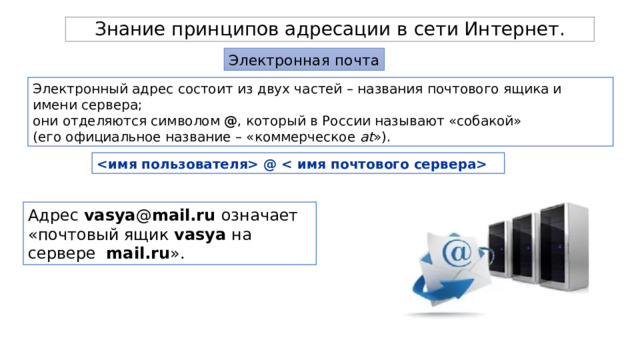Знание принципов адресации в сети Интернет. Электронная почта Электронный адрес состоит из двух частей – названия почтового ящика и имени сервера; они отделяются символом @ , который в России называют «собакой» (его официальное название – «коммерческое at »).  @   Адрес vasya @ mail.ru означает «почтовый ящик vasya на сервере mail.ru ». 