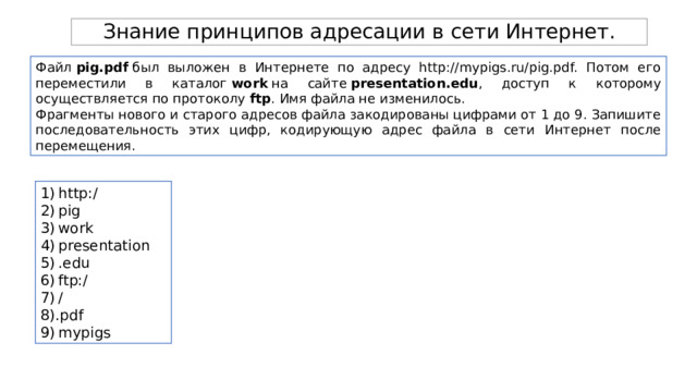 Знание принципов адресации в сети Интернет. Файл  pig.pdf  был выложен в Интернете по адресу http://mypigs.ru/pig.pdf. Потом его переместили в каталог  work  на сайте  presentation.edu , доступ к которому осуществляется по протоколу  ftp . Имя файла не изменилось. Фрагменты нового и старого адресов файла закодированы цифрами от 1 до 9. Запишите последовательность этих цифр, кодирующую адрес файла в сети Интернет после перемещения. 1) http:/ 2) pig 3) work 4) presentation 5) .edu 6) ftp:/ 7) / 8).pdf 9) mypigs 