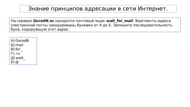 Знание принципов адресации в сети Интернет. На сервере  GorodN.ru  находится почтовый ящик  wait_for_mail . Фрагменты адреса электронной почты закодированы буквами от А до Е. Запишите последовательность букв, кодирующую этот адрес. А) GorodN Б) mail В) for_ Г) .ru Д) wait_ Е) @ 