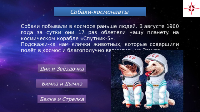 Собаки-космонавты Собаки побывали в космосе раньше людей. В августе 1960 года за сутки они 17 раз облетели нашу планету на космическом корабле «Спутник-5». Подскажи-ка нам клички животных, которые совершили полёт в космос и благополучно вернулись на Землю Дик и Звёздочка Бимка и Дымка Белка и Стрелка 