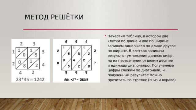 Метод решётки Начертим таблицу, в которой две клетки по длине и две по ширине запишем одно число по длине другое по ширине. В клетках запишем результат умножения данных цифр, на их пересечении отделим десятки и единицы диагональю. Полученные цифры сложим по диагонали, и полученный результат можно прочитать по стрелке (вниз и вправо) 