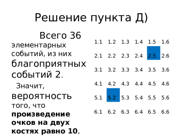 Решение пункта Д)  Всего 36 элементарных событий, из них благоприятных событий 2 .  Значит, вероятность того, что произведение очков на двух костях равно 10 , равна 2/36= 1/18.  1.1  1.2  2.1  2.2  3.1  1.3  1.4  2.3  4.1  3.2  4.2  2.4  3.3  1.5  5.1  3.4  1.6  2.5  4.3  6.1  5.2  2.6  4.4  6.2  5.3  3.5  5.4  4.5  6.3  3.6  4.6  6.4  5.5  5.6  6.5  6.6  