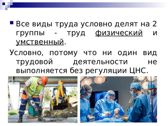 Все виды труда условно делят на 2 группы - труд физический и умственный . Условно, потому что ни один вид трудовой деятельности не выполняется без регуляции ЦНС. 